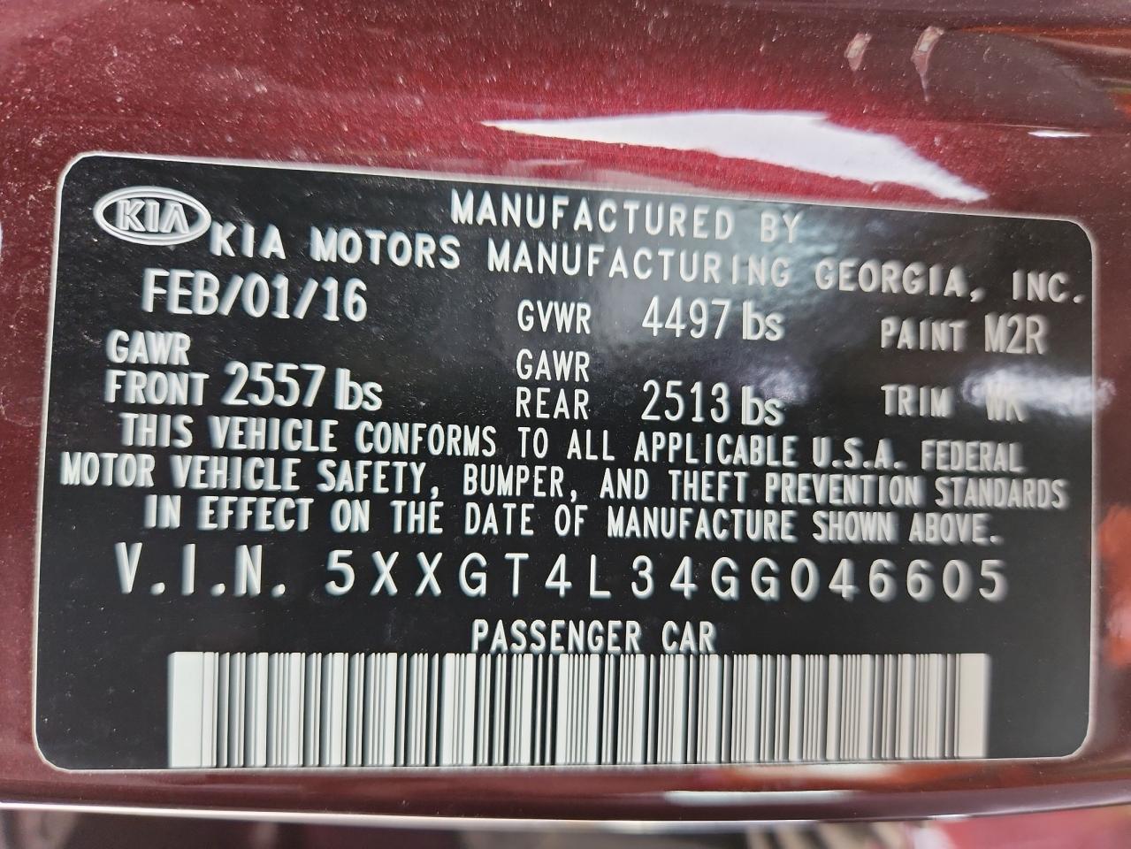 2016 Kia Optima Lx VIN: 5XXGT4L34GG046605 Lot: 82342425