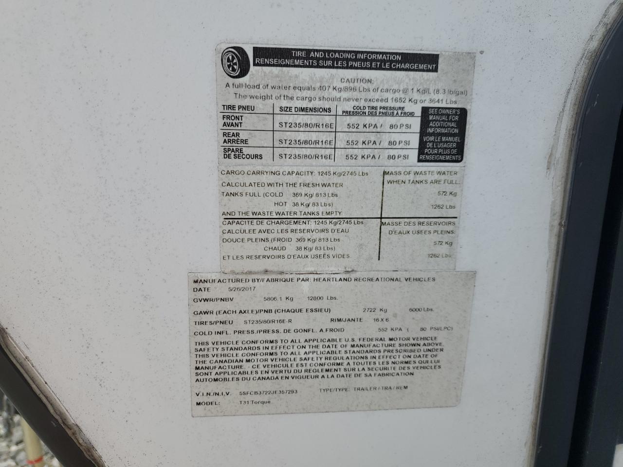 2018 Heartland Prowler VIN: 5SFCB3722JE357293 Lot: 86626155