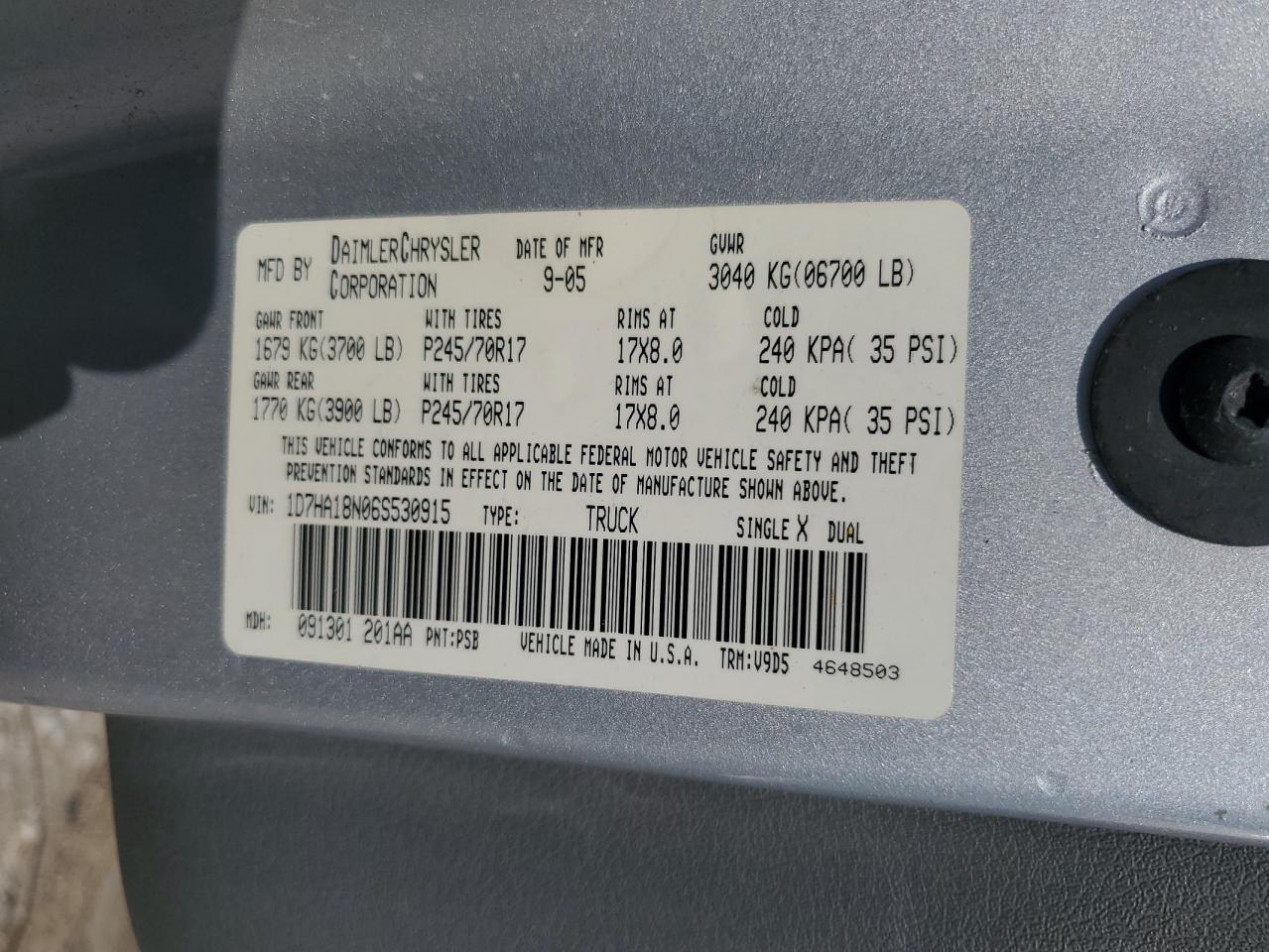 2006 Dodge Ram 1500 St VIN: 1D7HA18N06S530915 Lot: 90122845