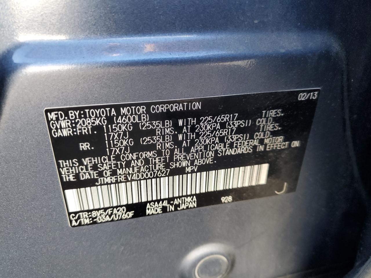 2013 Toyota Rav4 Xle VIN: JTMRFREV4DD007627 Lot: 84633445