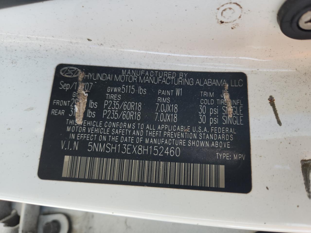 2008 Hyundai Santa Fe Se VIN: 5NMSH13EX8H152460 Lot: 82305675