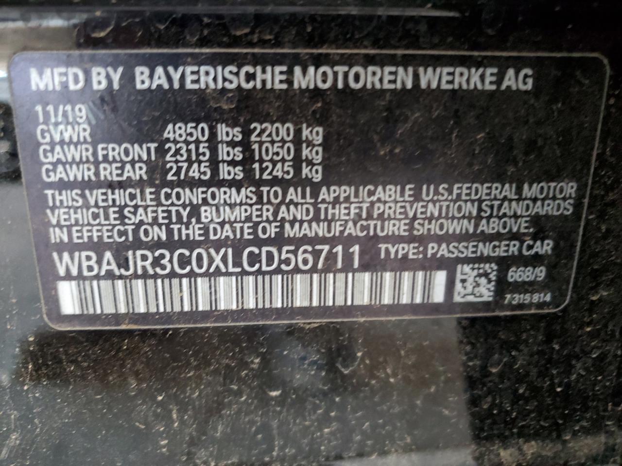 2020 BMW 530 I VIN: WBAJR3C0XLCD56711 Lot: 85536135