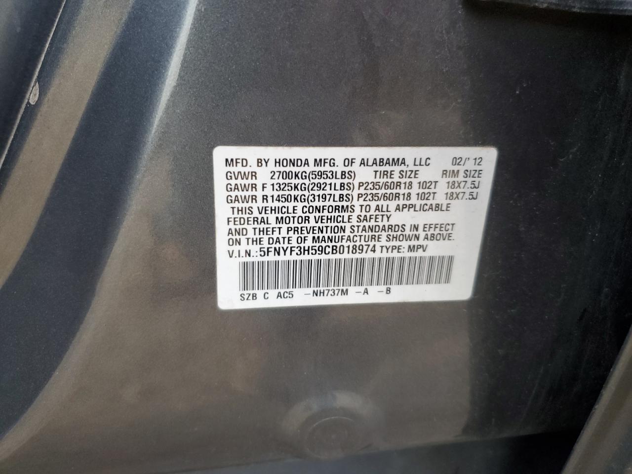 2012 Honda Pilot Exl VIN: 5FNYF3H59CB018974 Lot: 87048965