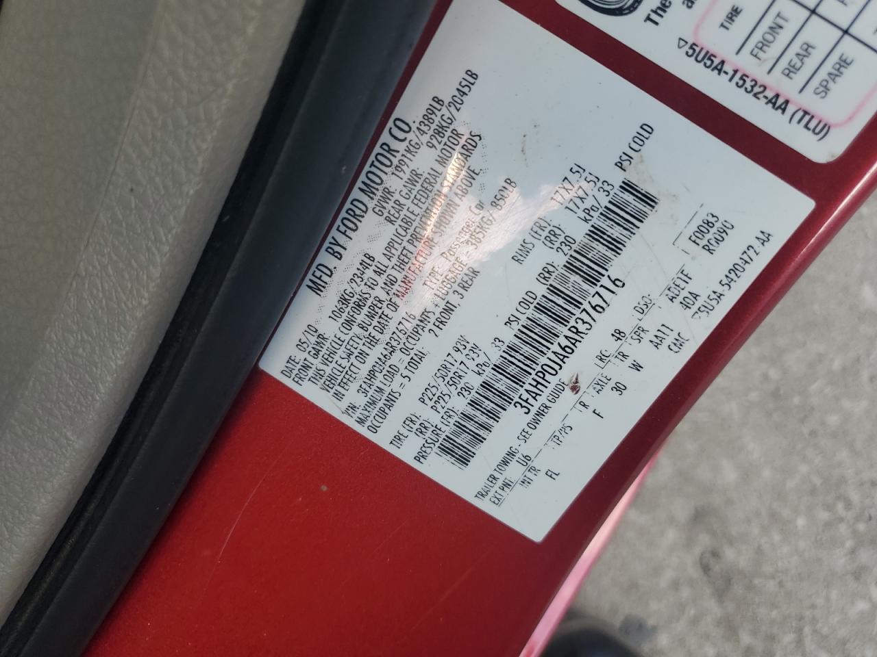 2010 Ford Fusion Sel VIN: 3FAHP0JA6AR376716 Lot: 85118585