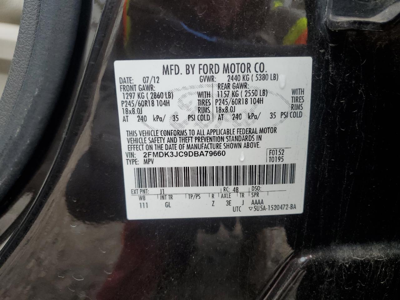 2013 Ford Edge Sel VIN: 2FMDK3JC9DBA79660 Lot: 85921045