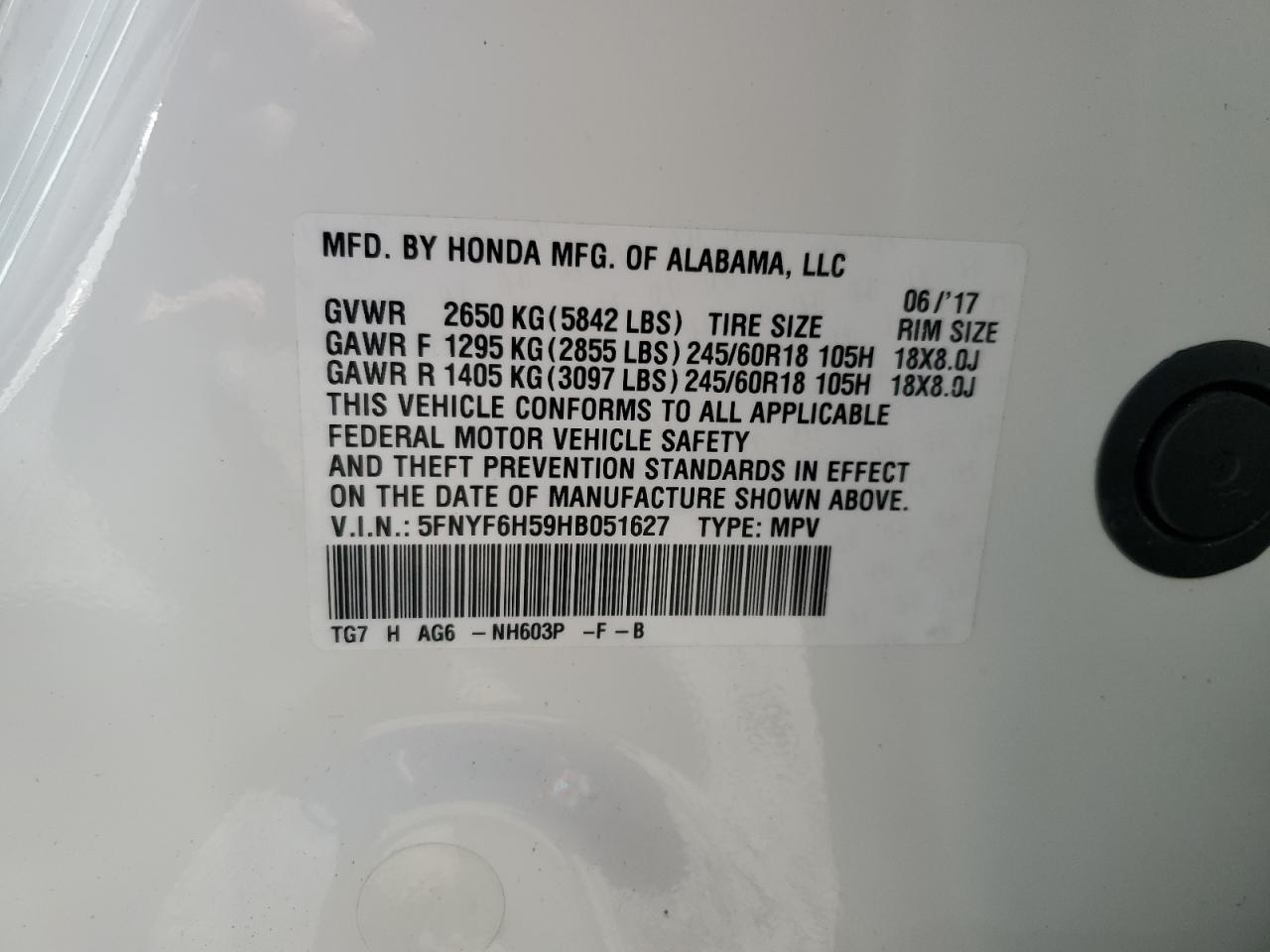 2017 Honda Pilot Exl VIN: 5FNYF6H59HB051627 Lot: 87286775
