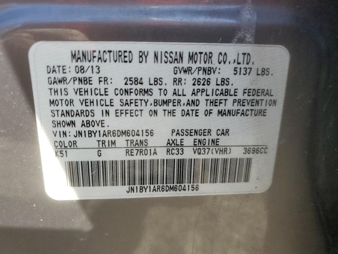 2013 Infiniti M37 X VIN: JN1BY1AR6DM604156 Lot: 81980075