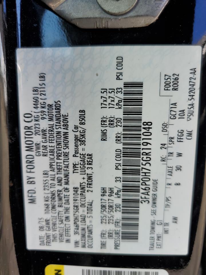 2016 Ford Fusion Se VIN: 3FA6P0H75GR191048 Lot: 85701955