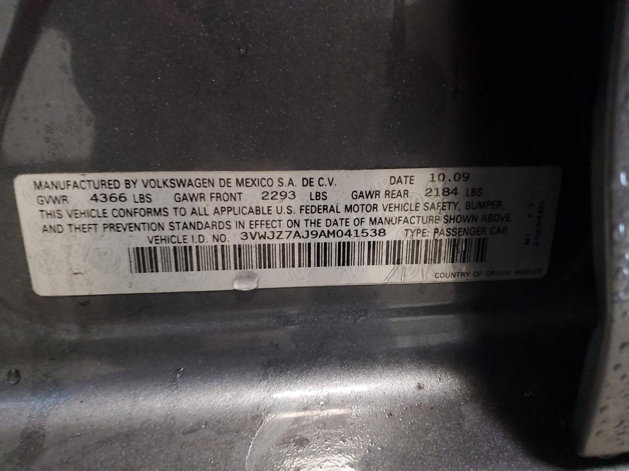 2010 Volkswagen Jetta S VIN: 3VWJZ7AJ9AM041538 Lot: 82282275
