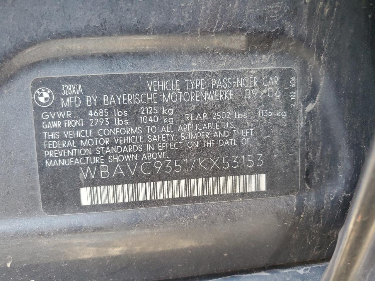 2007 BMW 328 Xi VIN: WBAVC93517KX53153 Lot: 82398315