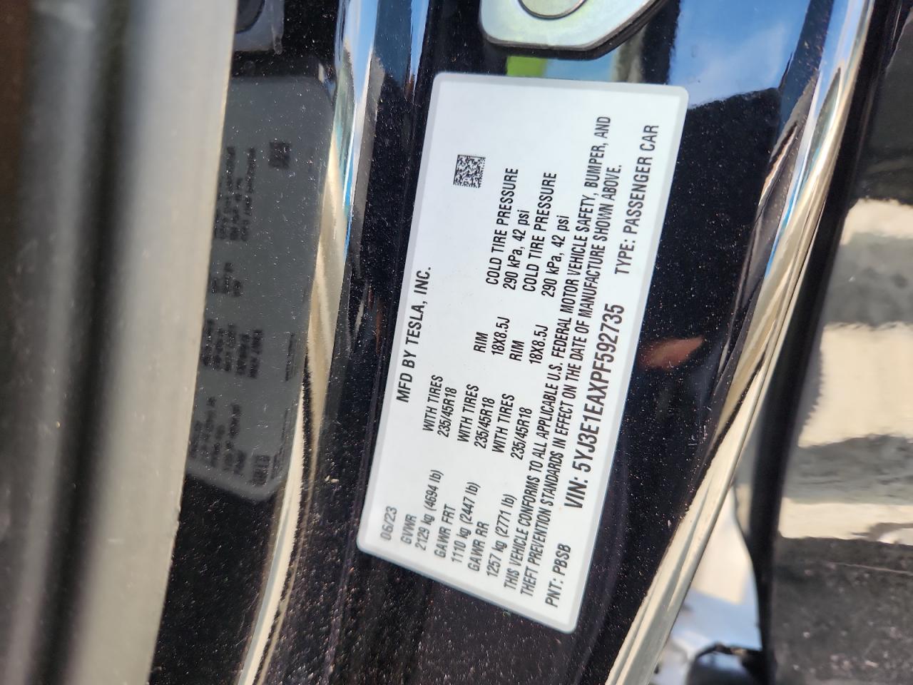 2023 Tesla Model 3 VIN: 5YJ3E1EAXPF592735 Lot: 85654515