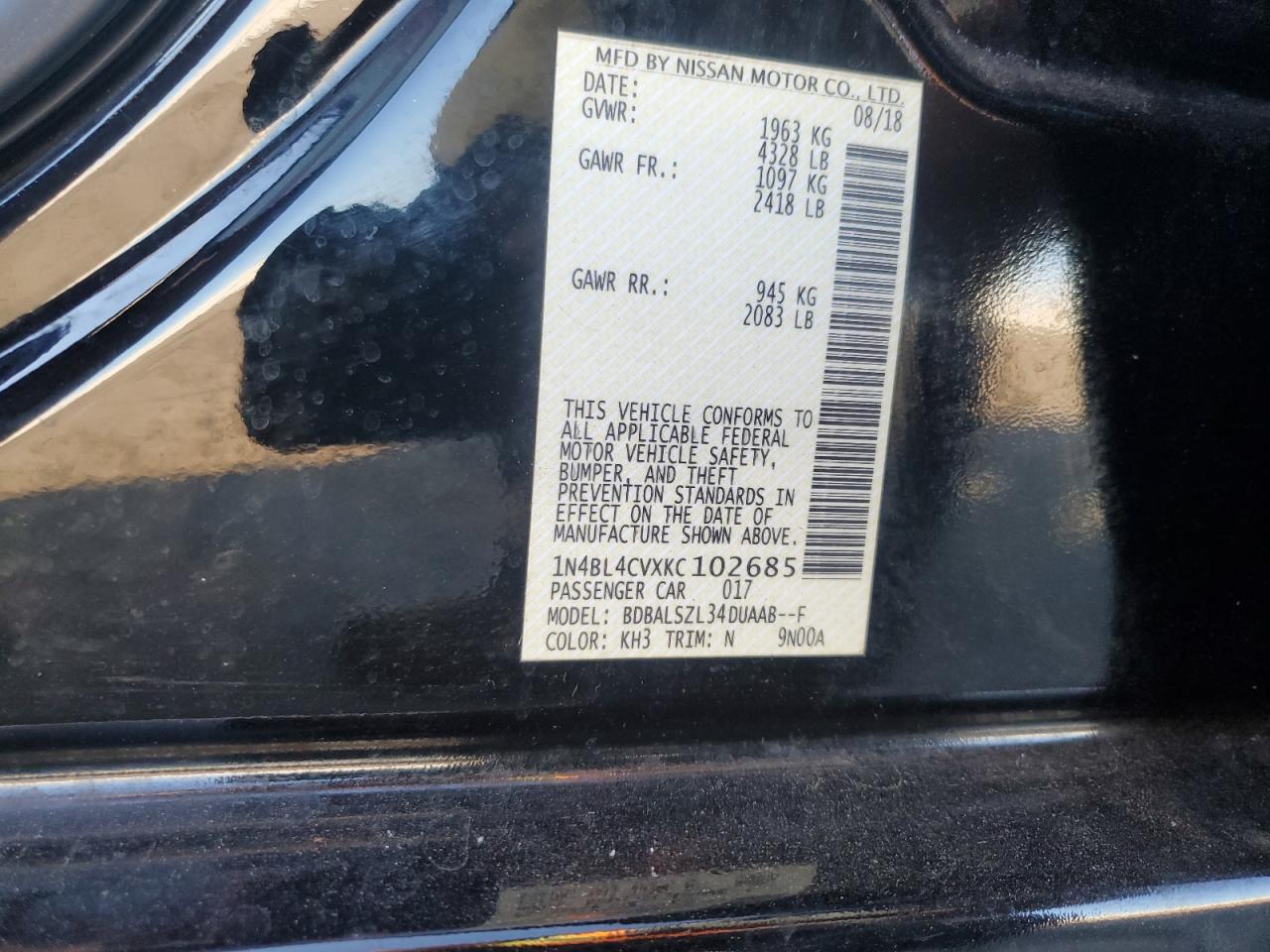 2019 Nissan Altima Sr VIN: 1N4BL4CVXKC102685 Lot: 85660185