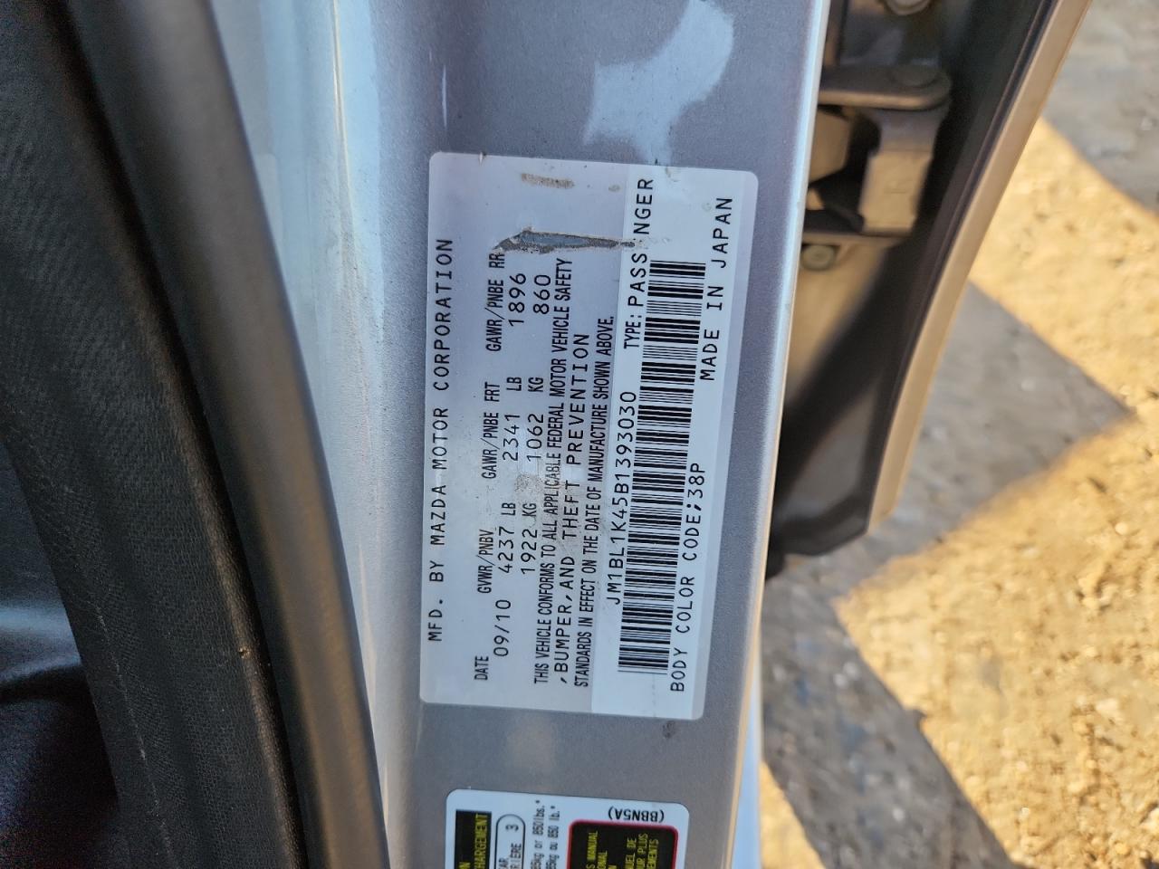 2011 Mazda Speed 3 VIN: JM1BL1K45B1393030 Lot: 87059645