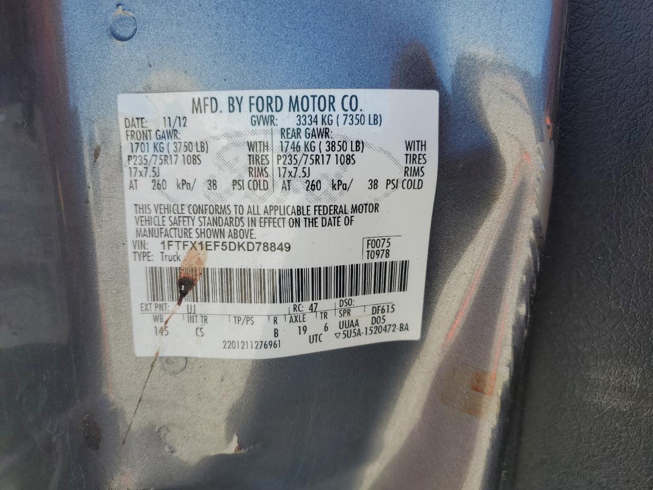 2013 Ford F150 Super Cab VIN: 1FTFX1EF5DKD78849 Lot: 85705855