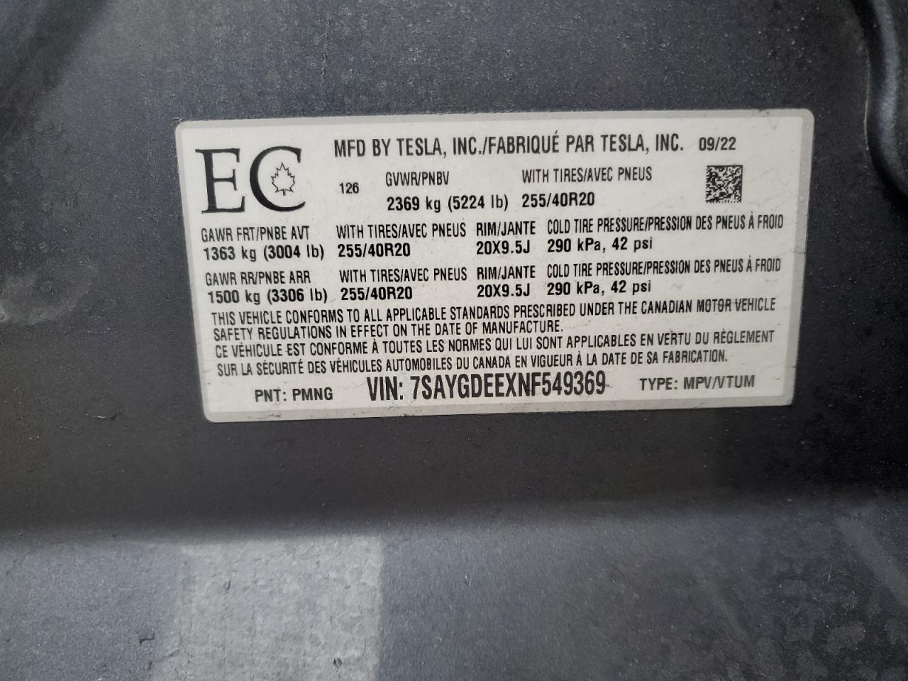 2022 Tesla Model Y VIN: 7SAYGDEEXNF549369 Lot: 89505615