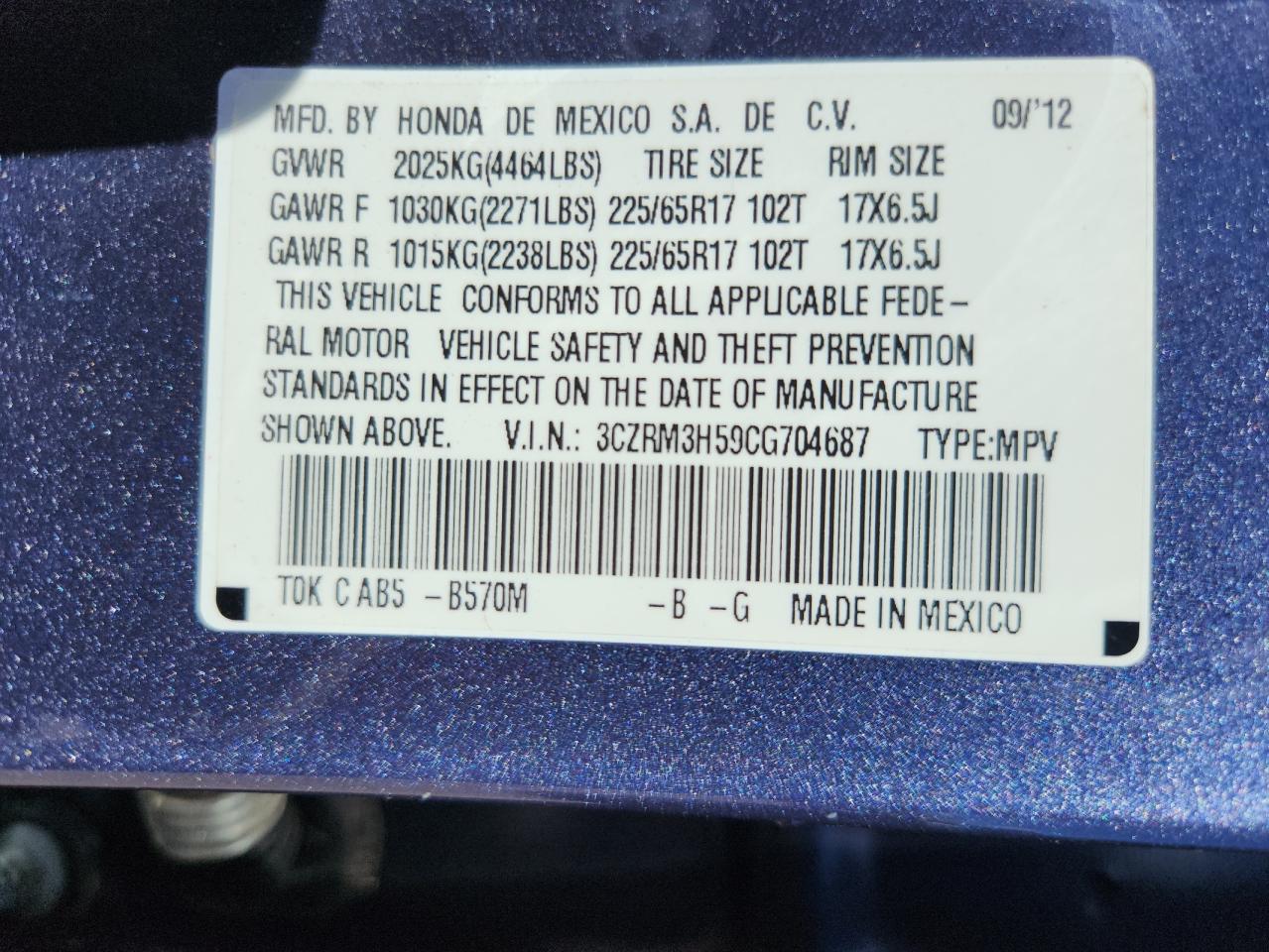 2012 Honda Cr-V Ex VIN: 3CZRM3H59CG704687 Lot: 86305295