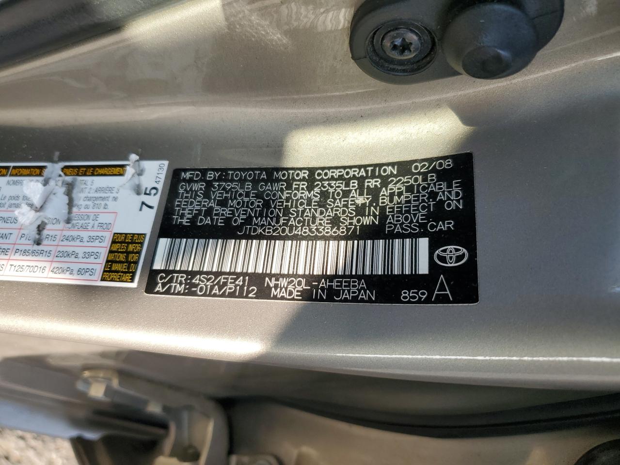 2008 Toyota Prius VIN: JTDKB20U483386871 Lot: 84965665