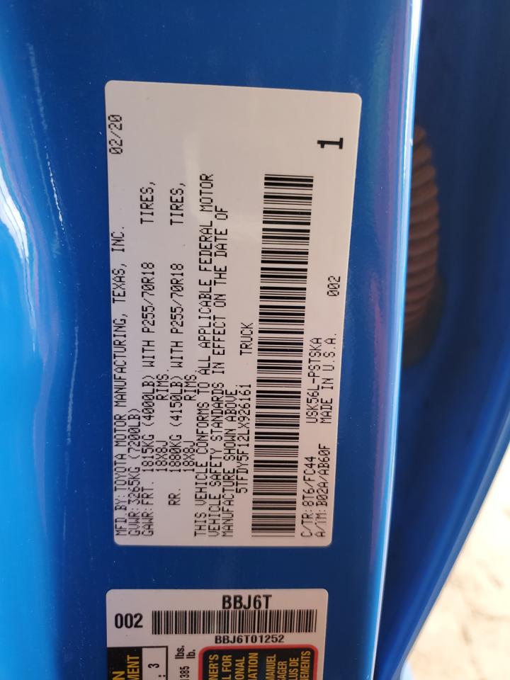 2020 Toyota Tundra Crewmax Sr5 VIN: 5TFDY5F12LX926161 Lot: 85699135