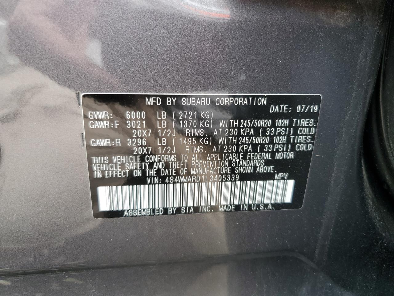 2020 Subaru Ascent Touring VIN: 4S4WMARD1L3405339 Lot: 85537395