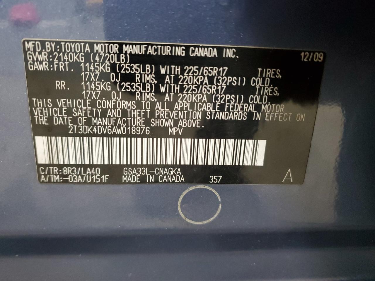 2010 Toyota Rav4 Limited VIN: 2T3DK4DV6AW018976 Lot: 90216475