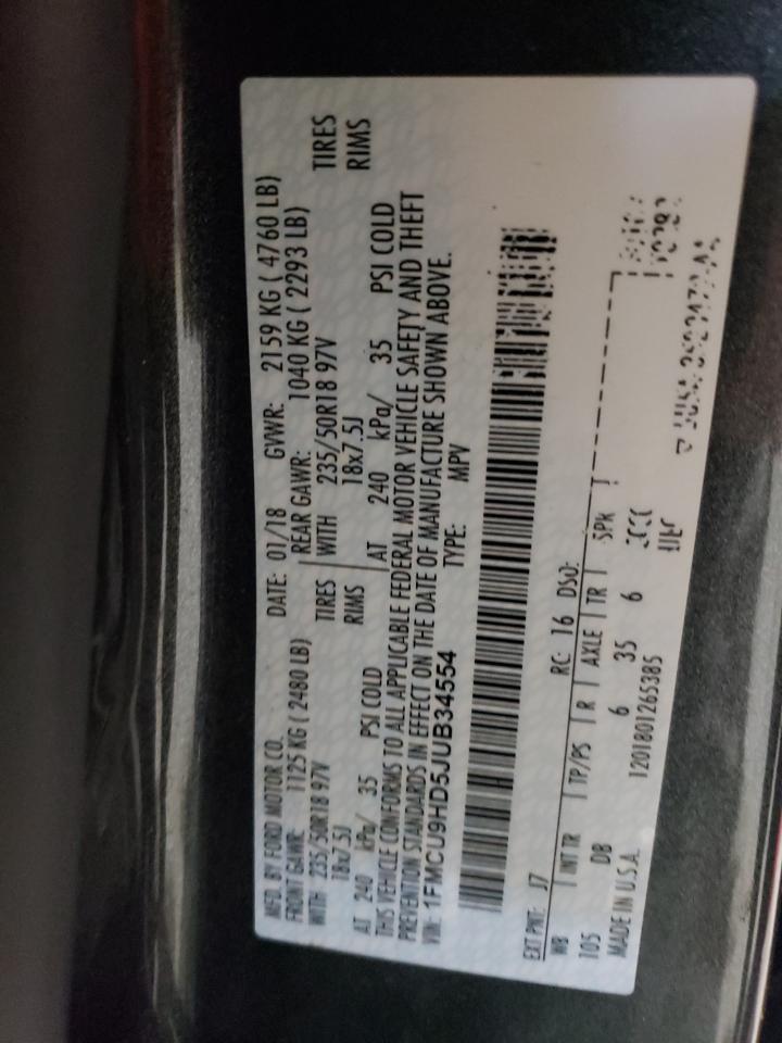 2018 Ford Escape Sel VIN: 1FMCU9HD5JUB34554 Lot: 89533505