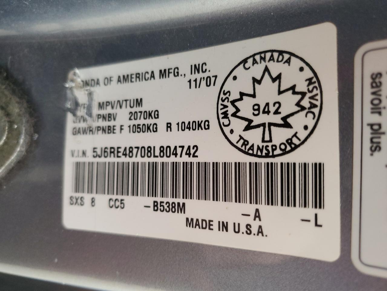 2008 Honda Cr-V Exl VIN: 5J6RE48708L804742 Lot: 85134725