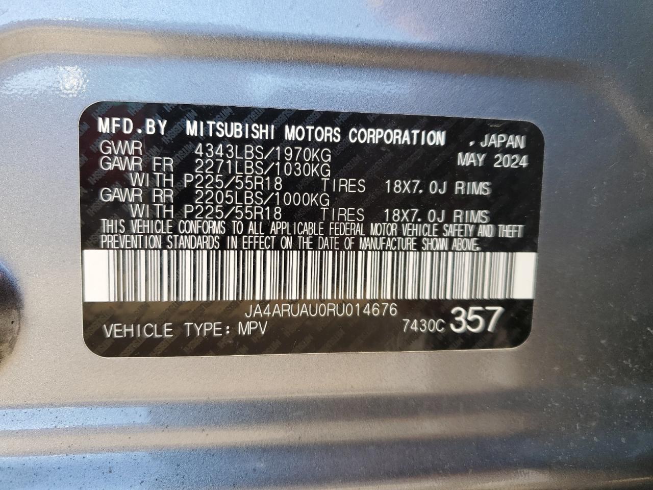 2024 Mitsubishi Outlander Sport S/Se VIN: JA4ARUAU0RU014676 Lot: 90015175