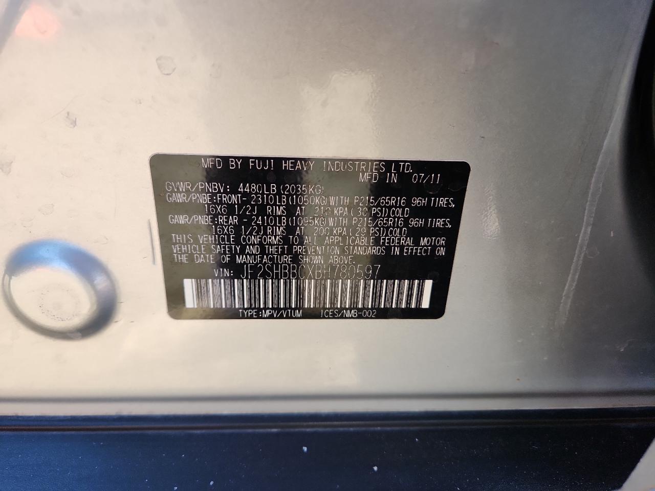 2011 Subaru Forester 2.5X VIN: JF2SHBBCXBH780597 Lot: 84980095