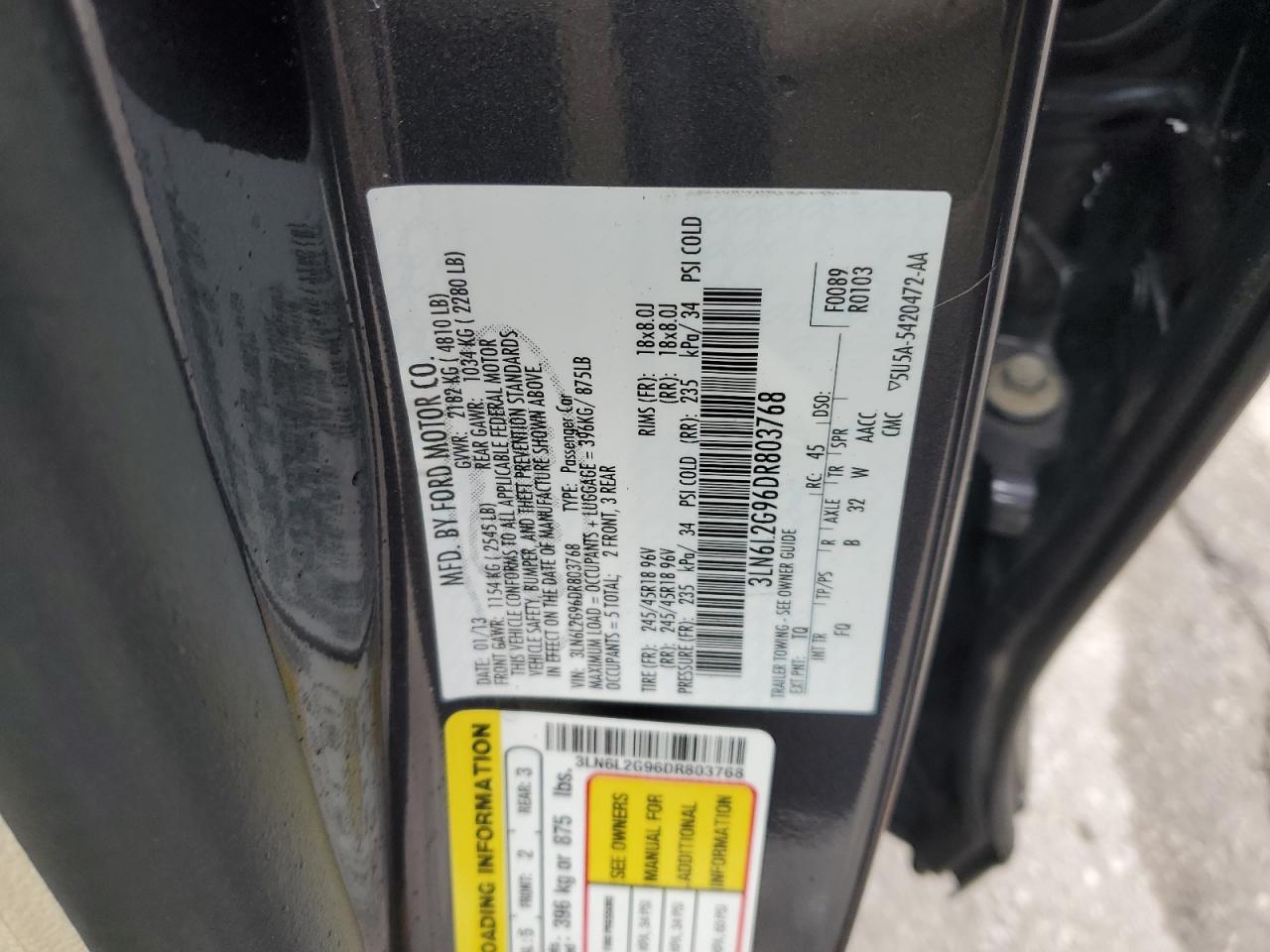 2013 Lincoln Mkz VIN: 3LN6L2G96DR803768 Lot: 90702905