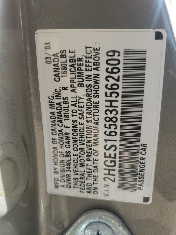 2003 Honda Civic Lx VIN: 2HGES16583H562609 Lot: 90836775