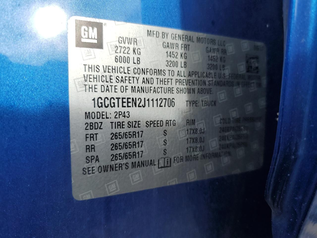 2018 Chevrolet Colorado Zr2 VIN: 1GCGTEEN2J1112706 Lot: 86783085