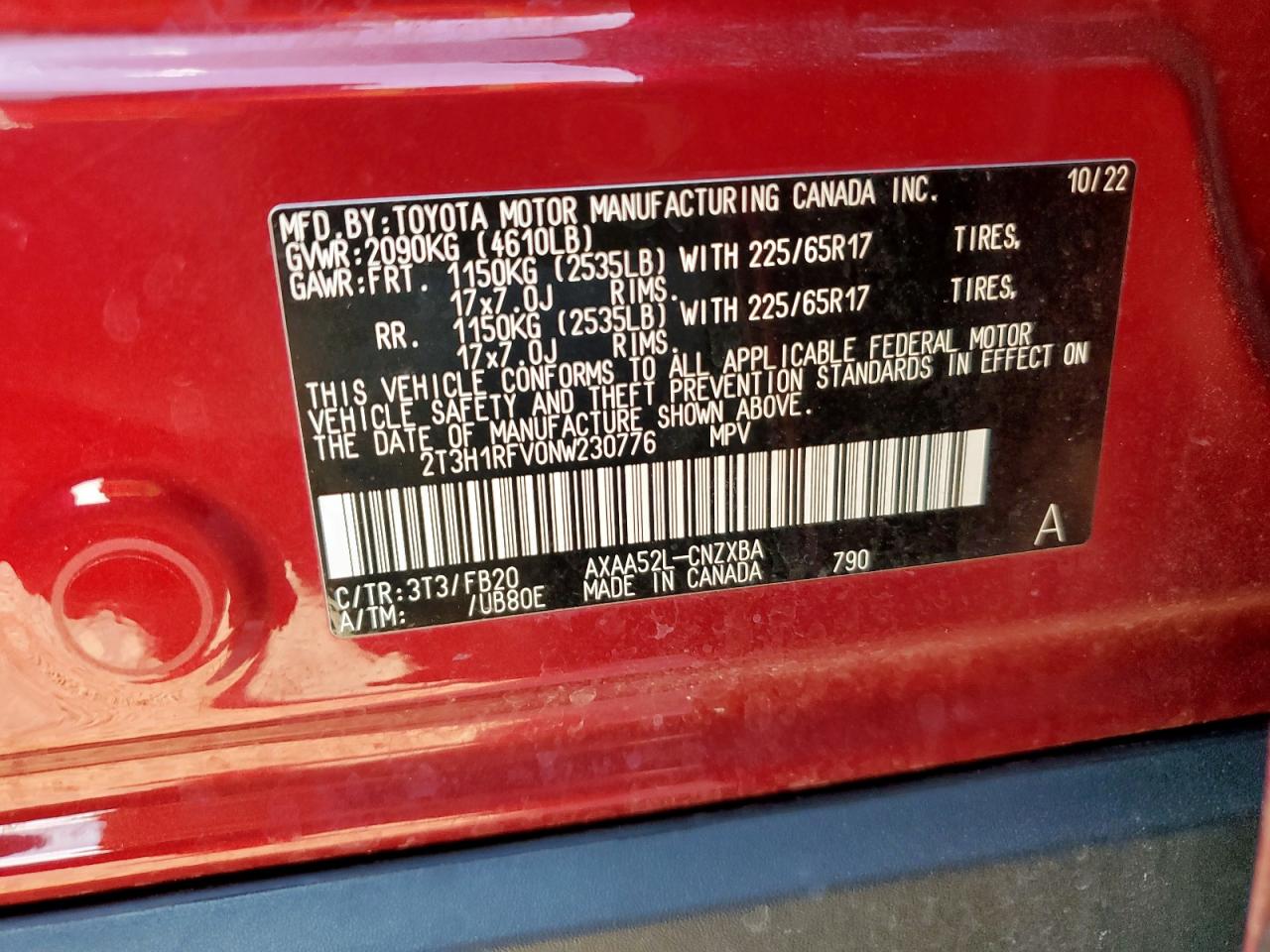 2022 Toyota Rav4 Le VIN: 2T3H1RFV0NW230776 Lot: 85142425