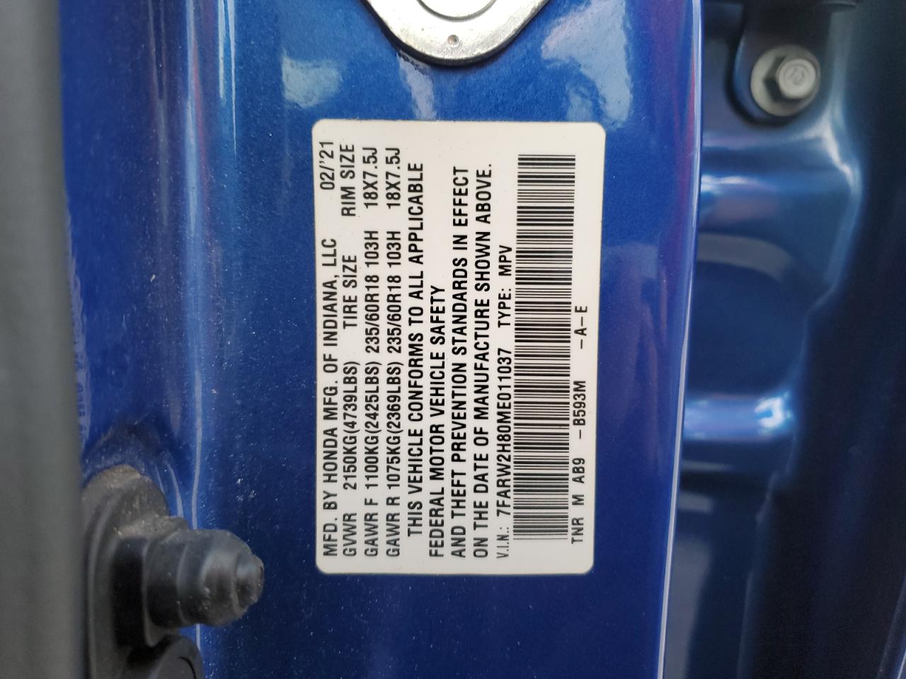 2021 Honda Cr-V Exl VIN: 7FARW2H80ME011037 Lot: 85866455