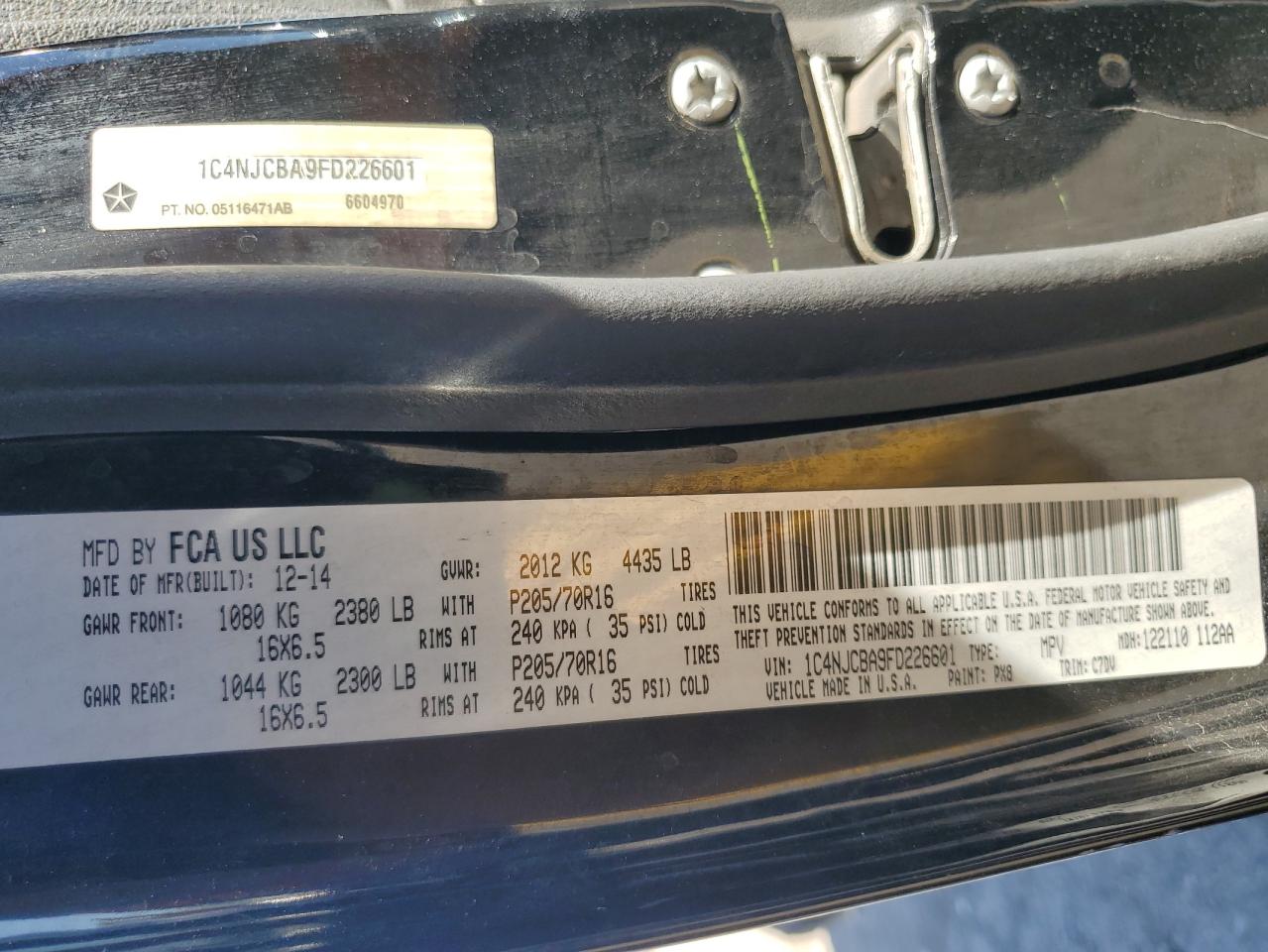 2015 Jeep Compass Sport VIN: 1C4NJCBA9FD226601 Lot: 90128895