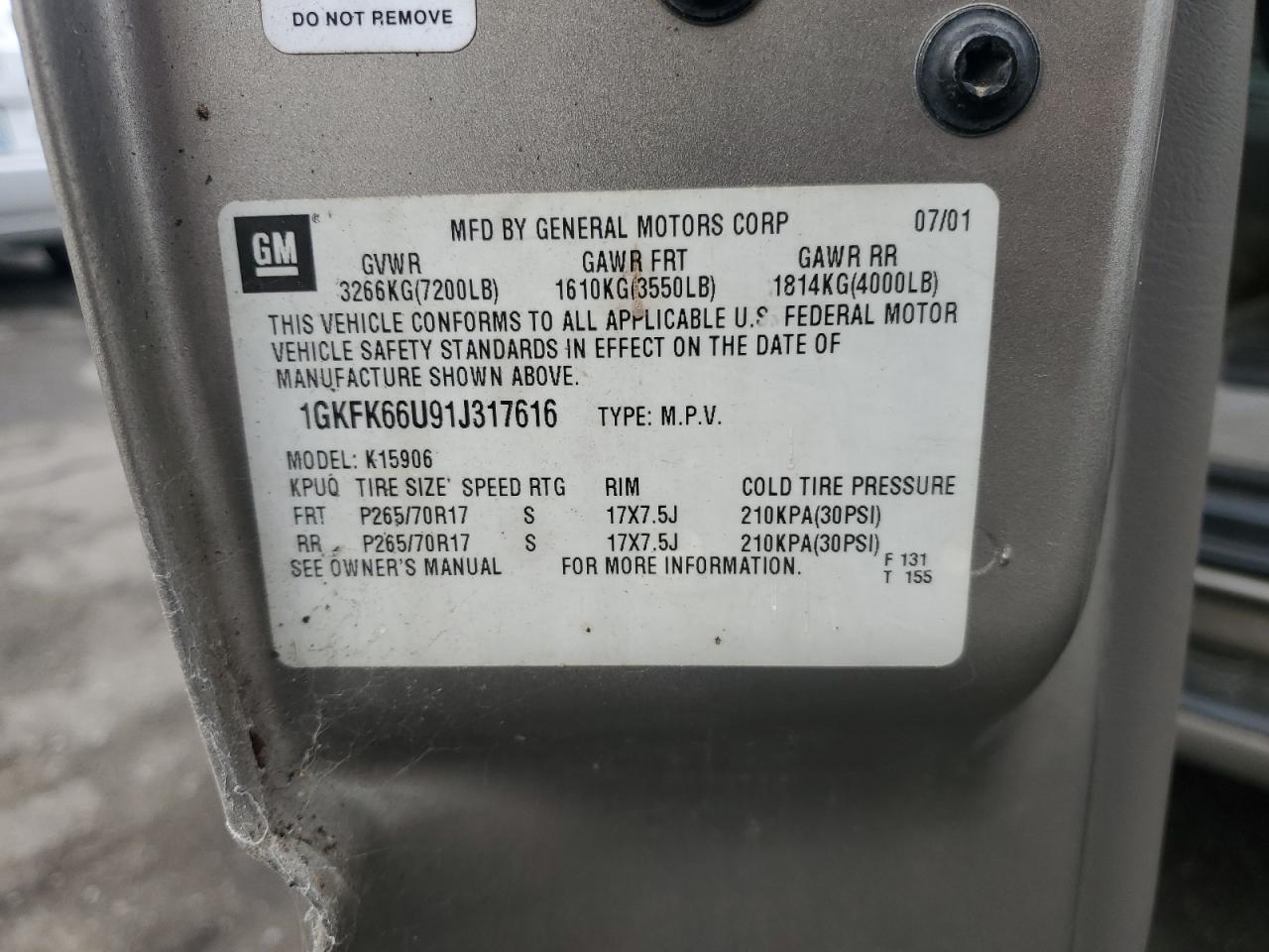 2001 GMC Denali Xl K1500 VIN: 1GKFK66U91J317616 Lot: 85190815