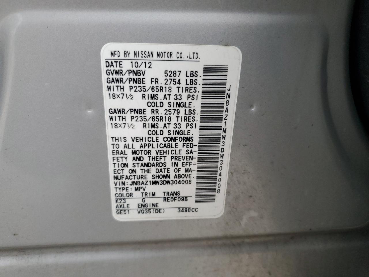 2013 Nissan Murano S VIN: JN8AZ1MW3DW304008 Lot: 90482385