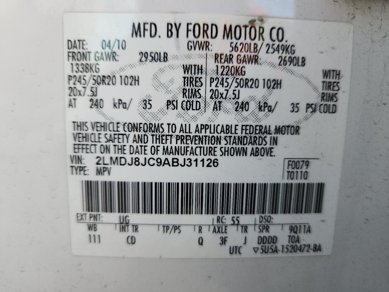 2010 Lincoln Mkx VIN: 2LMDJ8JC9ABJ31126 Lot: 82386145