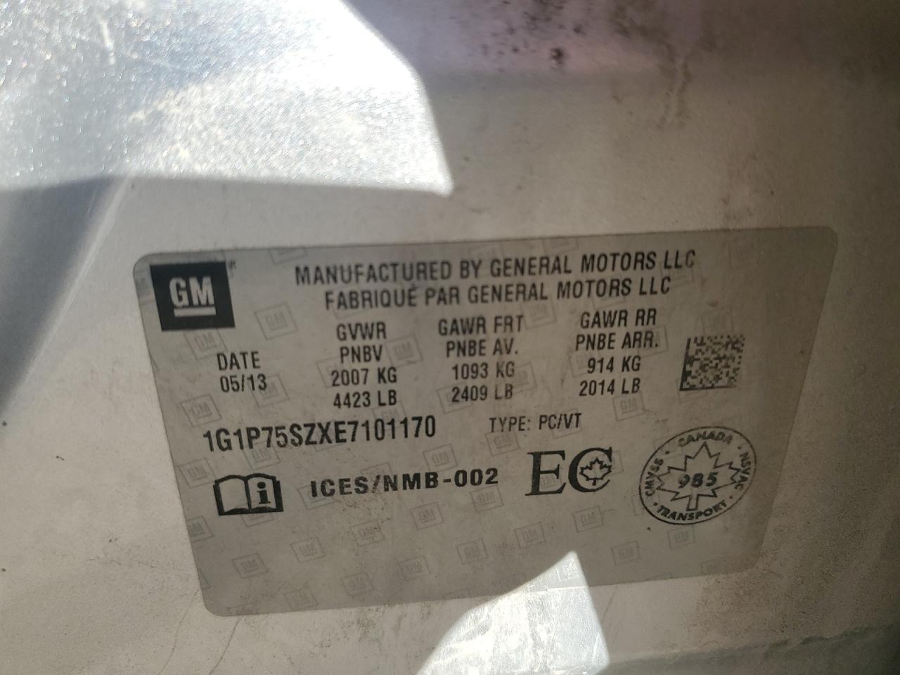 2014 Chevrolet Cruze VIN: 1G1P75SZXE7101170 Lot: 85187065