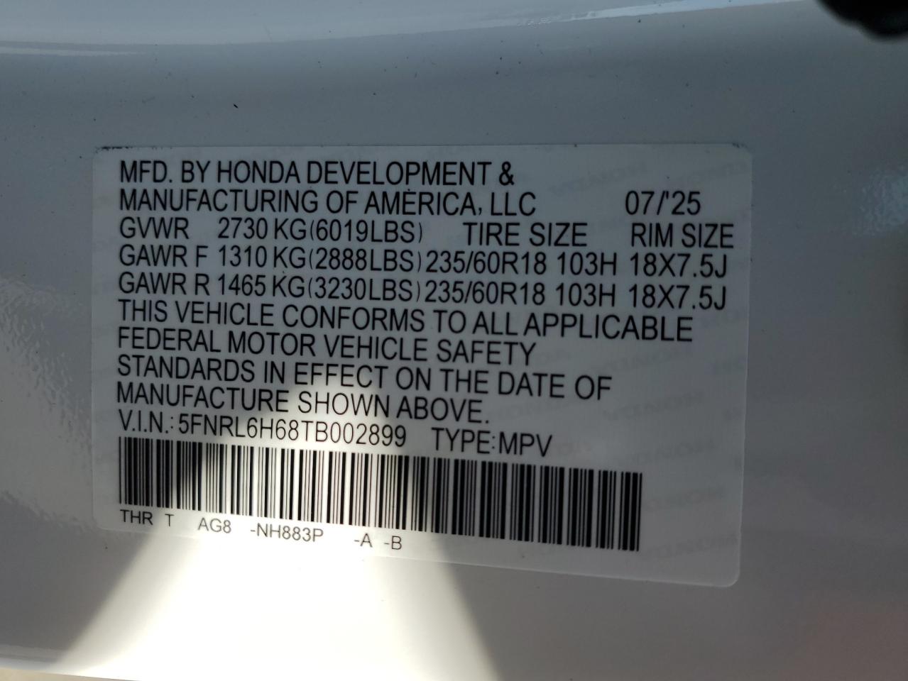 2026 Honda Odyssey Exl VIN: 5FNRL6H68TB002899 Lot: 84937865