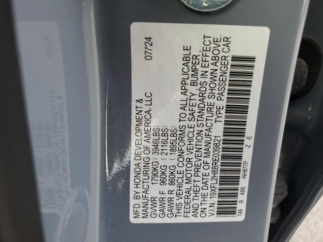 2024 Honda Civic Sport VIN: 19XFL2H88RE039821 Lot: 85820505