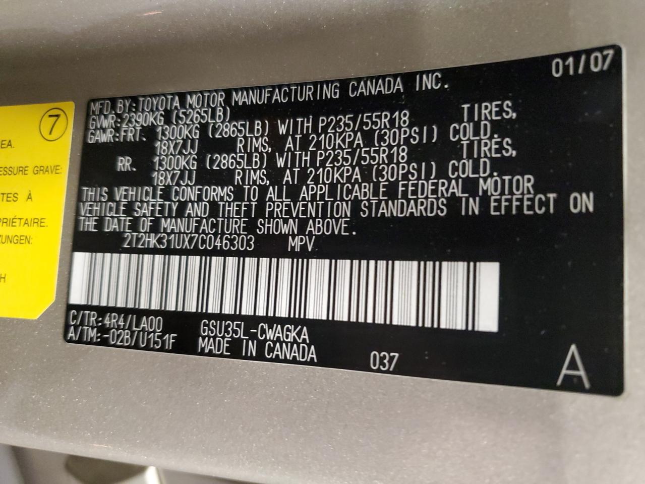 2007 Lexus Rx 350 VIN: 2T2HK31UX7C046303 Lot: 86072045