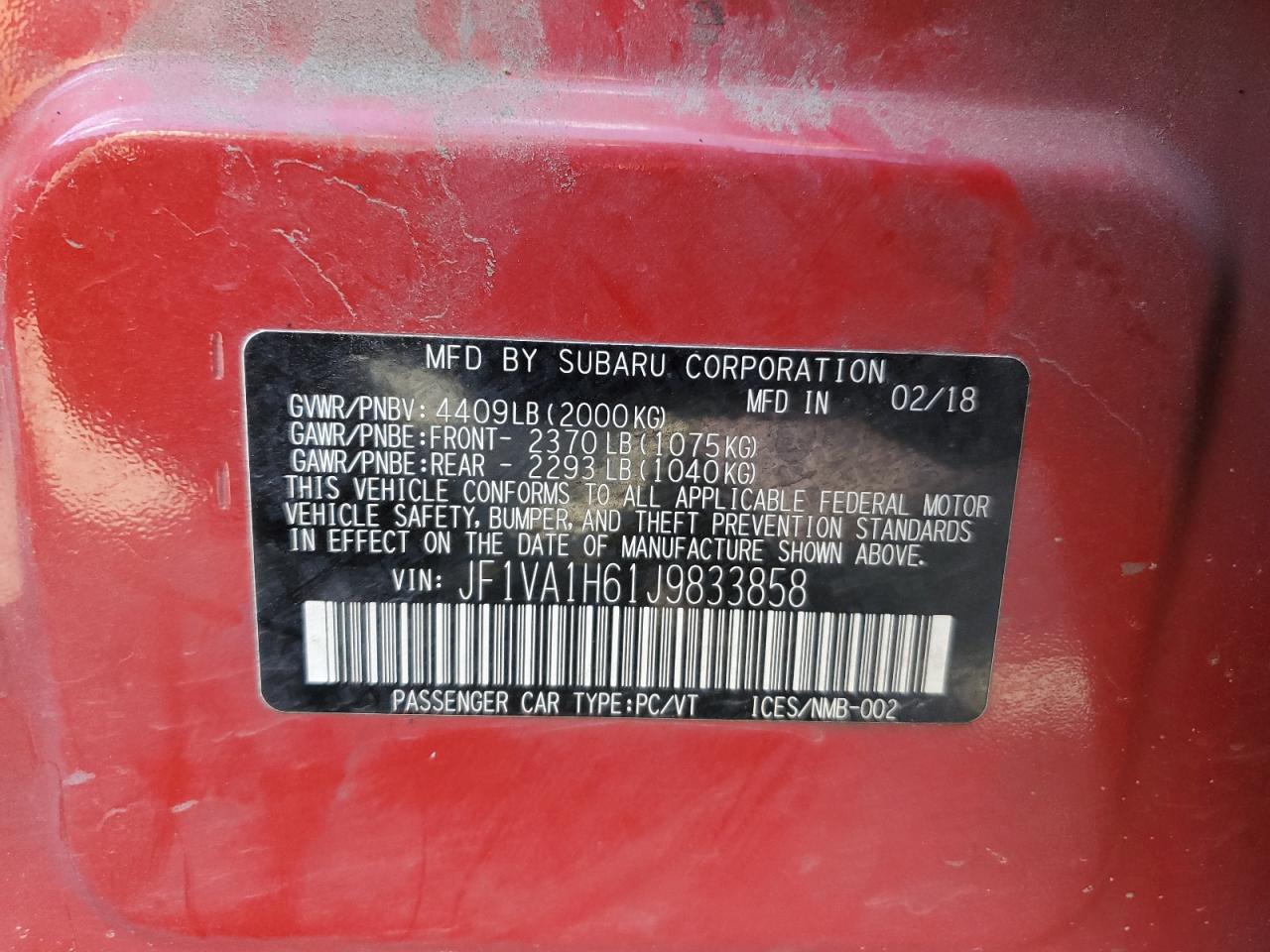 2018 Subaru Wrx Limited VIN: JF1VA1H61J9833858 Lot: 85378135