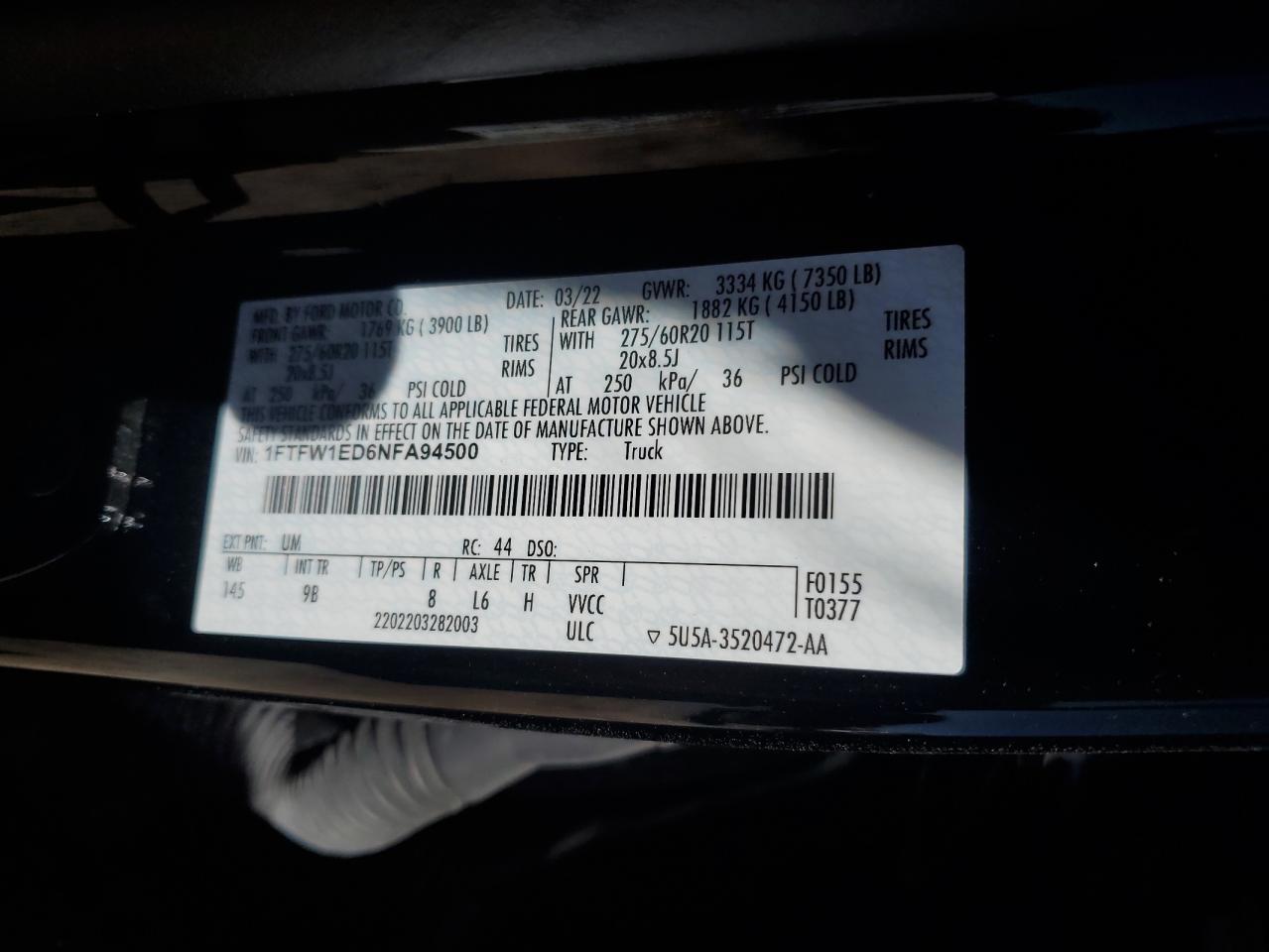 2022 Ford F150 Supercrew VIN: 1FTFW1ED6NFA94500 Lot: 87367475