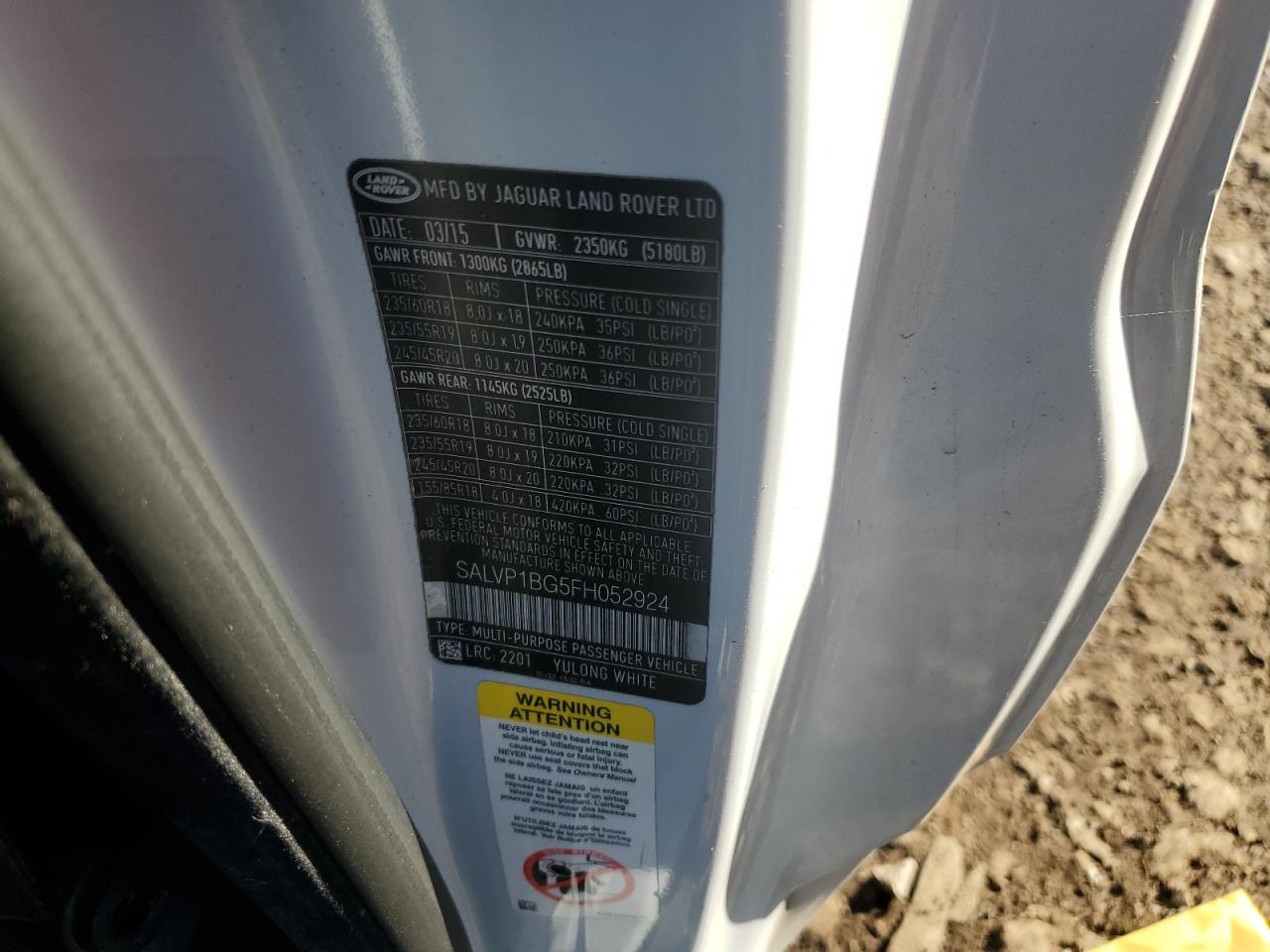 2015 Land Rover Range Rover Evoque Pure Plus VIN: SALVP1BG5FH052924 Lot: 85933625