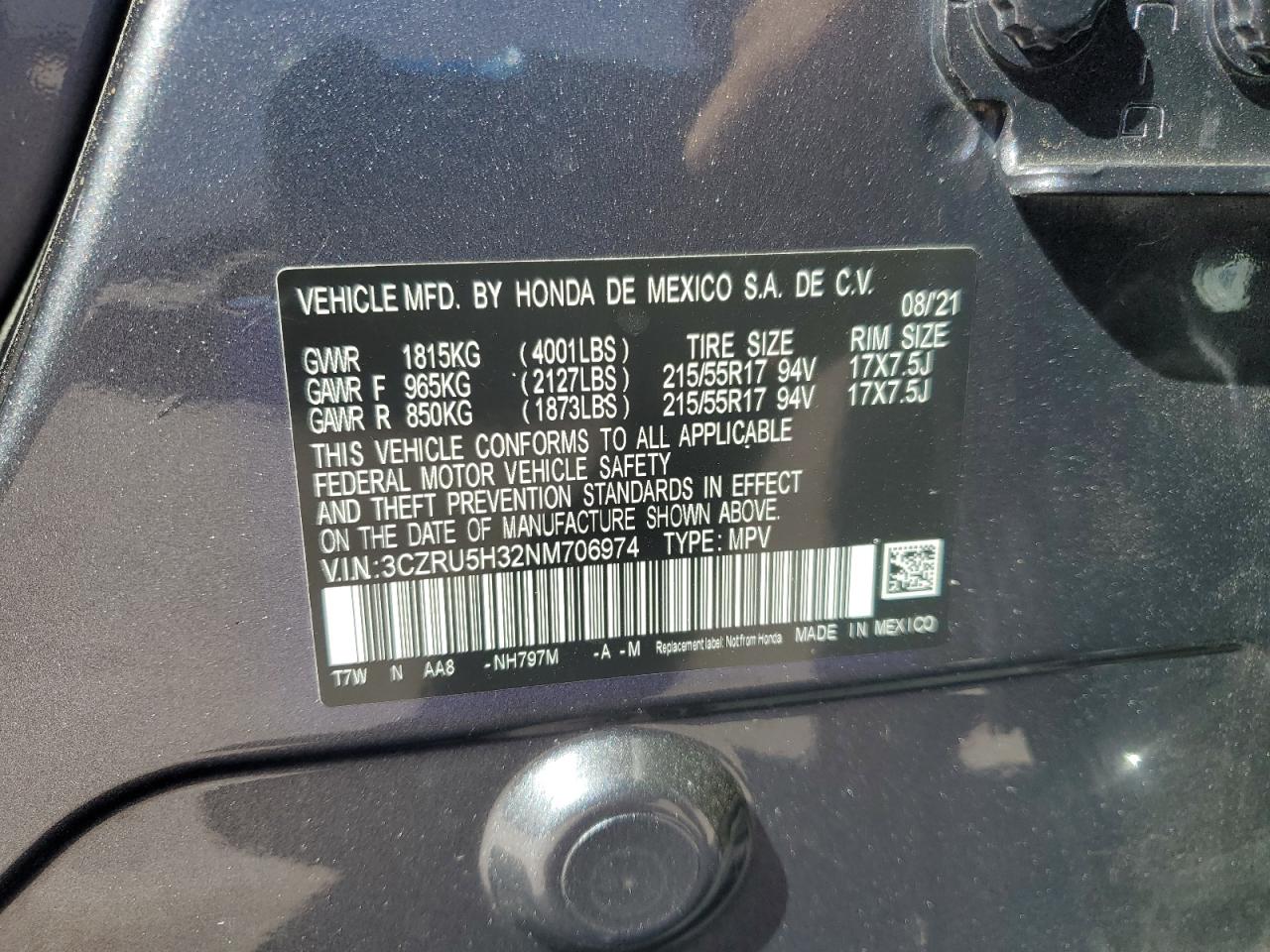 2022 Honda Hr-V Lx VIN: 3CZRU5H32NM706974 Lot: 86840035