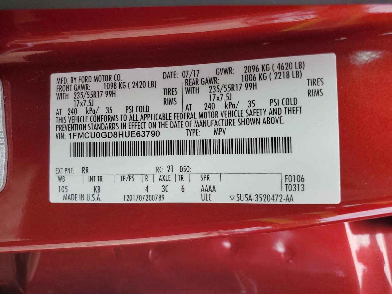 2017 Ford Escape Se VIN: 1FMCU0GD8HUE63790 Lot: 85478275