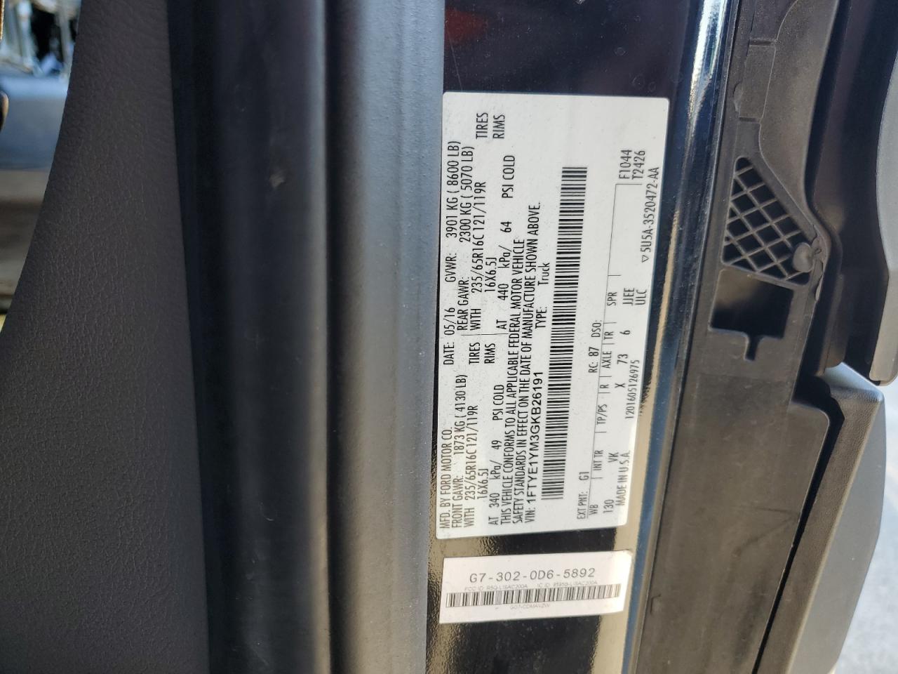 2016 Ford Transit Delivery Van VIN: 1FTYE1YM3GKB26191 Lot: 87403465