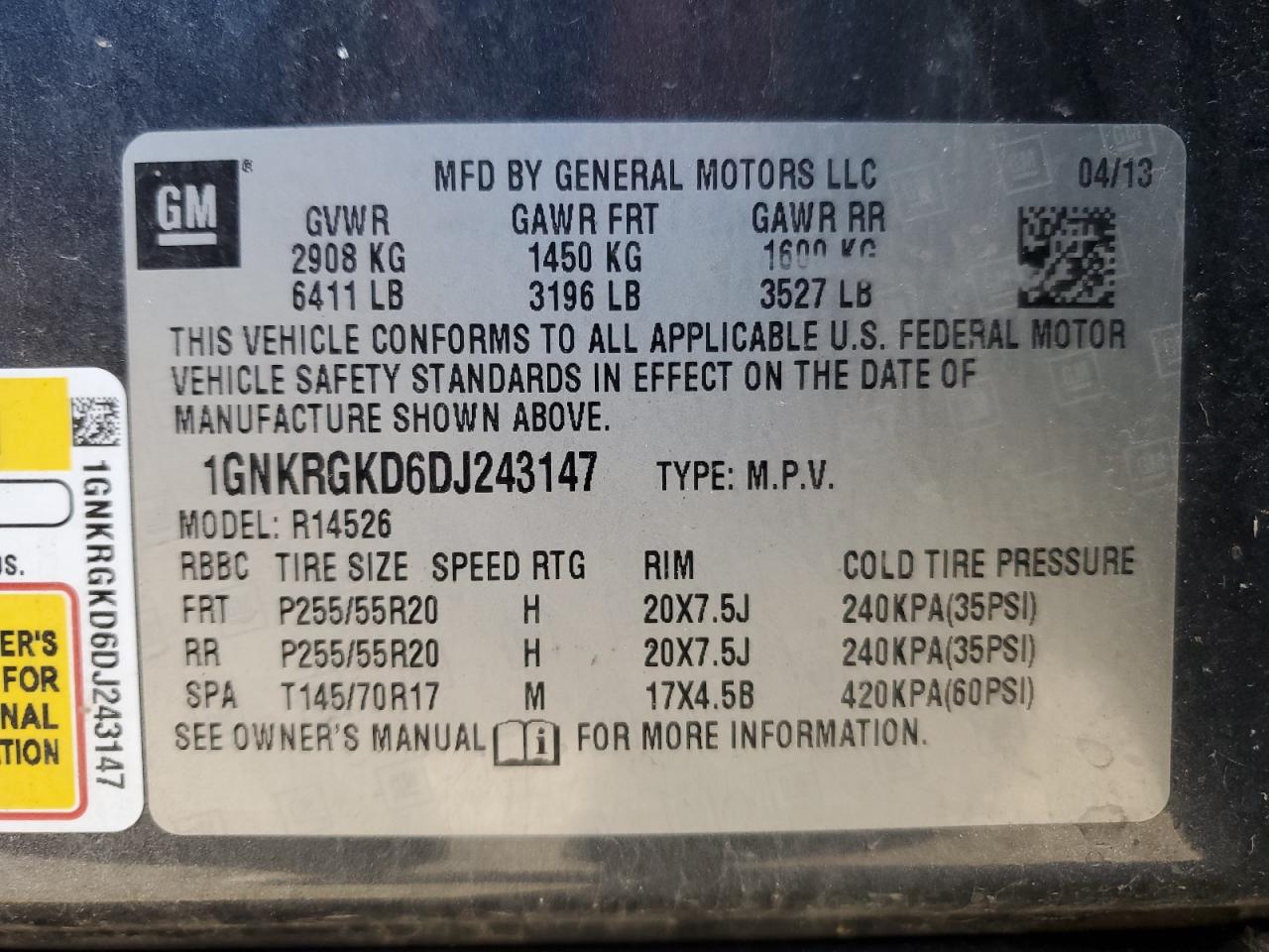 2013 Chevrolet Traverse Lt VIN: 1GNKRGKD6DJ243147 Lot: 86407605