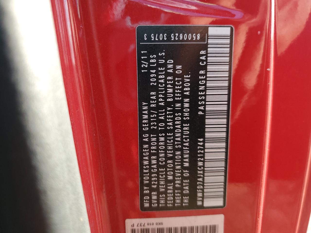 2012 Volkswagen Gti VIN: WVWFD7AJXCW212744 Lot: 84927405