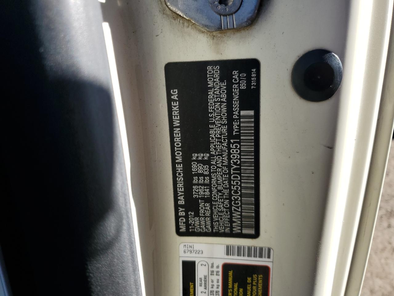 2013 Mini Cooper S Clubman VIN: WMWZG3C55DTY39851 Lot: 86156025